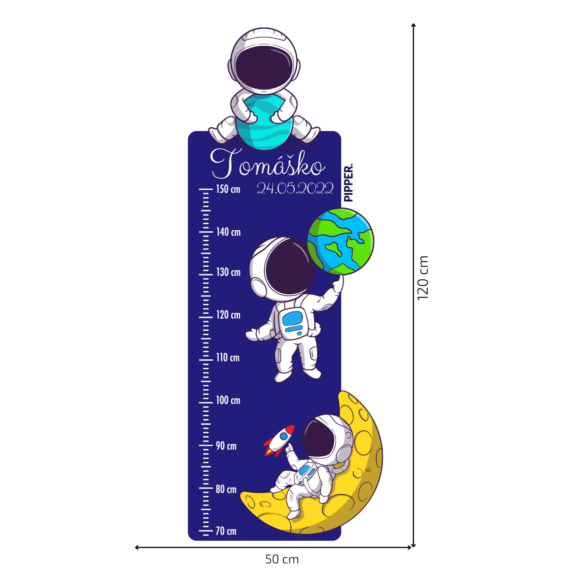 Textilná nálepka na stenu do detskej izby - Detský meter s menom - Astronauti